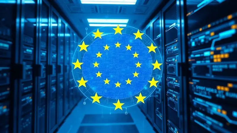 European Union data privacy concept showing encrypted data flows through secure infrastructure with EU flag elements
