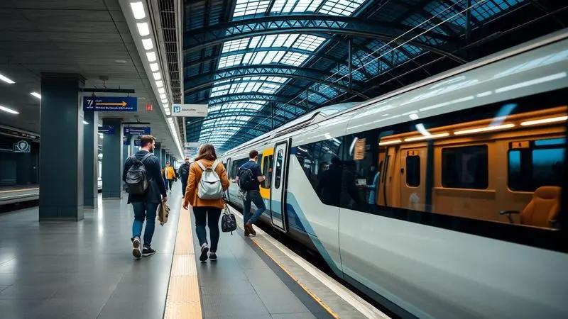 Passengers boarding a modern European high-speed train at a well-lit platform