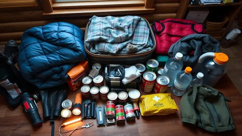 Well-organized winter emergency supplies laid out on a table